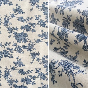 61" Wide Vintage Blue Floral Print Linen Blend Cotton, Upholstery Cotton Linen Fabric, Quality Home Decor Drapery Crafts DIY Sewing Fabric