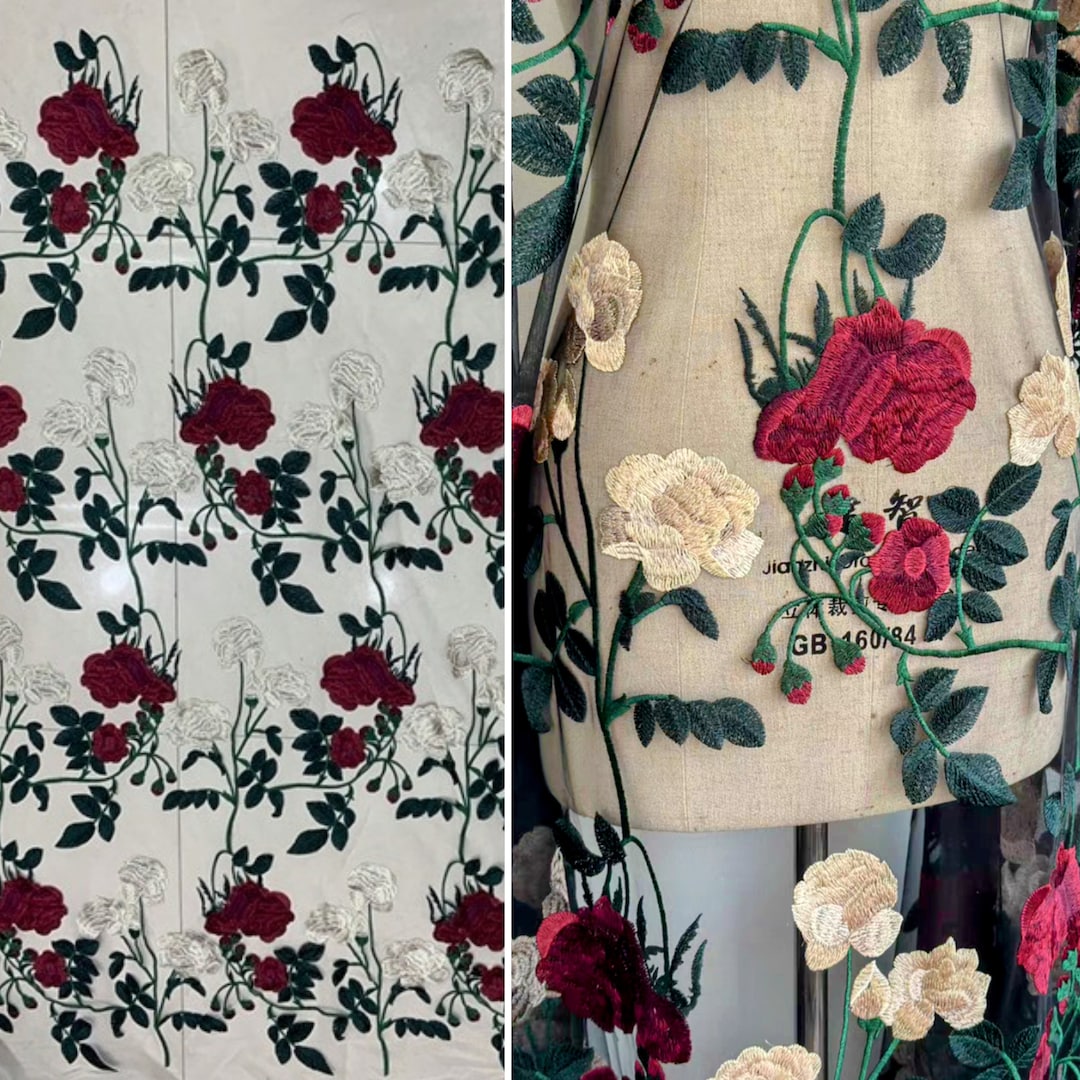 51 Wide Vintage Rose Embroidery Tulle Lace Fabric, Quality Dressmaking