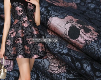 57" Wide Rose & Skull Gothic Jacquard Brocade Fabric, 3D Art Brocade, Quality Costume Drapery Upholstery Crafts DIY Sewing Fabric