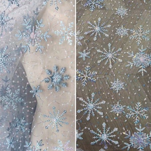 51" Wide Glittery Snowflake Sequin Embroidery Tulle Lace with Scalloped Edge, Quality Dress Apparel Drapery Craft DIY Sewing Lace Fabric
