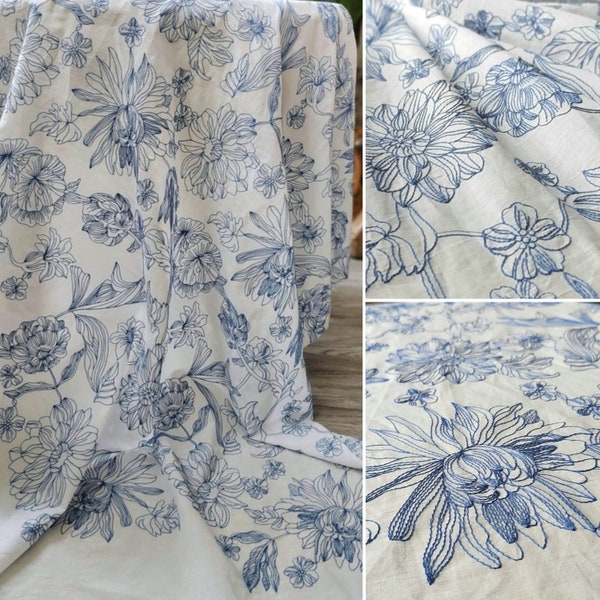 53" Wide Blue Floral Embroidery Natural Cotton Fabric, Quality Apparel Drapery Crafts DIY Sewing Fabric