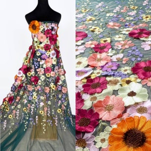 59" Wide Exclusive 12 Colours 3D Floral Blossom Embroidery Tulle Lace, Quality Dress Costume Drapery DIY Sewing Lace Fabric