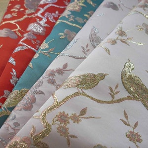 59" Wide Embossed Gold Shimmery Floral Birds Jacquard Brocade Fabric, Quality Costume Drapery Crafts DIY Sewing Fabric
