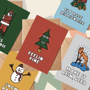 Funny Multipack Christmas Cards Illustrated A6 - carte de Noël pingouin, carte de Noël drôle de Père Noël, carte d’elfe drôle, carte de renne drôle
