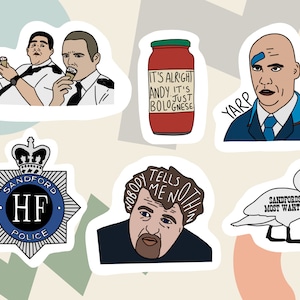 Hot Fuzz Sticker Pack - decal stickers for laptop, . Hot Fuzz Stickers, Simon Pegg, Nick Frost, cornetto trilogy