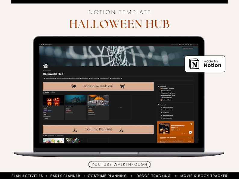 May include: A laptop screen displaying a Notion template for a Halloween Hub. The template includes sections for activities and traditions, costume planning, and more. The template is designed to help users plan and organize their Halloween celebrations.