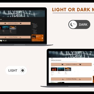 May include: Two screenshots of a website with a Halloween theme. The top screenshot shows the website in dark mode, while the bottom screenshot shows the website in light mode. The website features a spiderweb background and text that says "Halloween Hub (Theme)", "Activities & Traditions", and "Costume Planning".