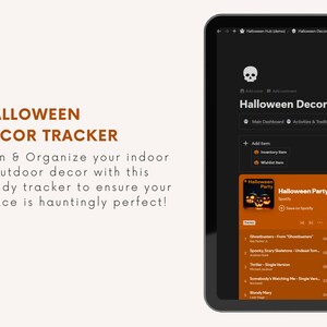 May include: A computer screen displaying a Halloween Decor Tracker app. The app has a dark background with orange accents. The app includes sections for a main dashboard, activities and traditions, a costume planner, and an inventory list. The app also includes a playlist titled "Halloween Party" with songs like "Ghostbusters" and "Spooky Scary Skeletons".