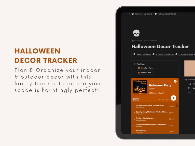 May include: A computer screen displaying a Halloween Decor Tracker app. The app has a dark background with orange accents. The app includes sections for a main dashboard, activities and traditions, a costume planner, and an inventory list. The app also includes a playlist titled "Halloween Party" with songs like "Ghostbusters" and "Spooky Scary Skeletons".
