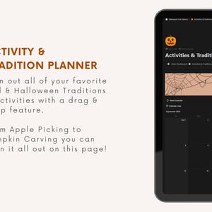 May include: A digital planner for organizing fall and Halloween activities and traditions. The planner features a calendar with a spiderweb design and the text "Activities & Traditions".