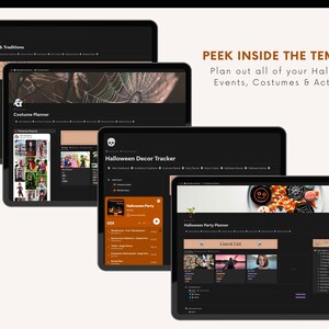 May include: Four digital screens with a black background and orange accents display a Halloween planner template. The screens are labeled "Activities & Traditions", "Costume Planner", "Halloween Decor Tracker", and "Halloween Party Planner".