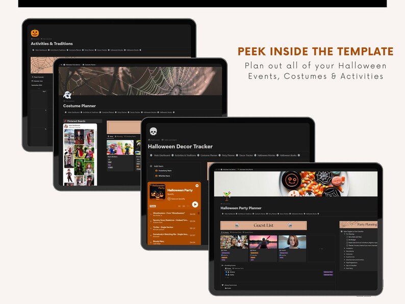 May include: Four digital screens with a black background and orange accents display a Halloween planner template. The screens are labeled "Activities & Traditions", "Costume Planner", "Halloween Decor Tracker", and "Halloween Party Planner".