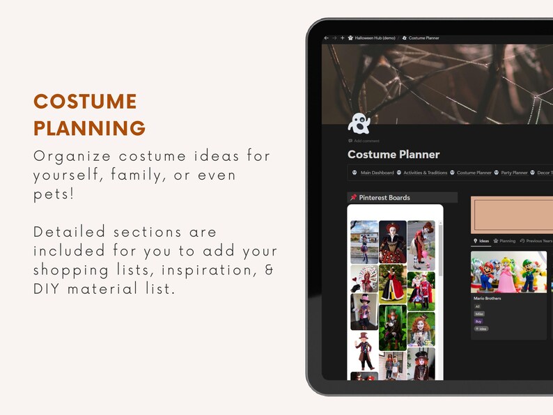 May include: A screenshot of a computer screen showing a website for planning Halloween costumes. The website has a dark background and features a section called "Costume Planner" with tabs for "Main Dashboard", "Activities & Traditions", "Costume Planner", "Party Planner", and "Decor & Crafts". There is also a section called "Pinterest Boards" with a collage of images of different Halloween costumes.