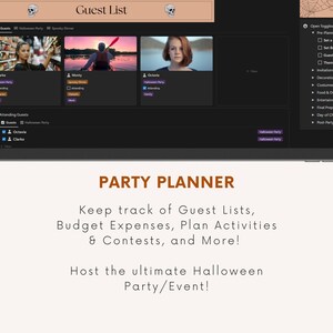 May include: A screenshot of a party planning app with the title "PARTY PLANNER" and the text "Keep track of Guest Lists, Budget Expenses, Plan Activities & Contests, and More! Host the ultimate Halloween Party/Event!"