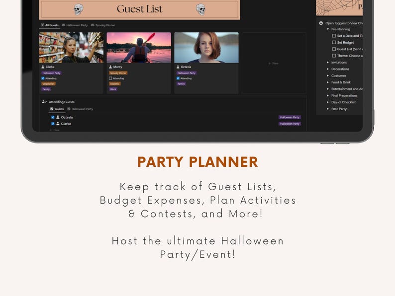 May include: A screenshot of a party planning app with the title "PARTY PLANNER" and the text "Keep track of Guest Lists, Budget Expenses, Plan Activities & Contests, and More! Host the ultimate Halloween Party/Event!"
