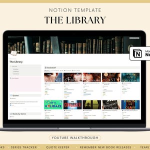 Pode incluir: Uma tela de computador portátil que mostra um modelo Notion para uma biblioteca. O modelo inclui seções para rastrear livros, citações e séries. A tela também mostra uma estante com capas de livros e o texto "The Library" e "Made for Notion".
