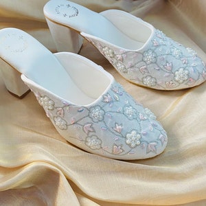 Embroidered Bridal Clogs: White Low Heel Wedding Mules