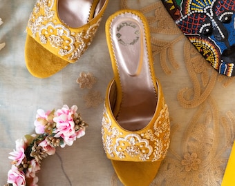 Ethnic Indian Women Mustard Heel with Embroidery Wedding heels Bridal Heels Gift for her Zardozi Embroidery High Comfort heels Block heels