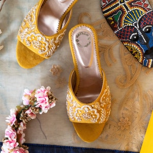 Ethnic Indian Women Mustard Heel with Embroidery Wedding heels Bridal Heels Gift for her Zardozi Embroidery High Comfort heels Block heels