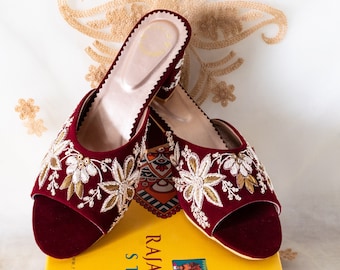 Maroon Bridal Heels for Women, Flower Heels / Wedding Heels / Handmade Heels / Emroidered Handmade Heels / Indian Ethnic Bridal Heels