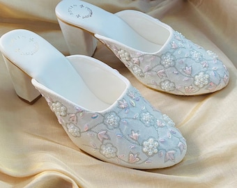 Low heel White bridal shoes in Embroidery with crystals beads and rhinestones, Bridal Clogs, Wedding shoes, Mules, Sandals, Clogs for women