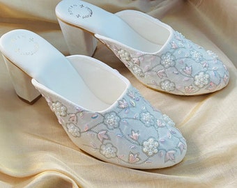 Low heel White bridal shoes in Embroidery with crystals beads and rhinestones, Bridal Clogs, Wedding shoes, Mules, Sandals, Clogs for women