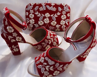 Combo of Red heels or Clutch for bride, Red Handmade Heels, Wedding Heels For Women, Hand Embroidered Footwear for bride, Red Bridal Heels