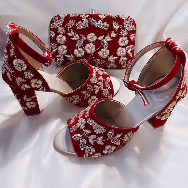 Combo of Red heels or Clutch for bride, Red Handmade Heels, Wedding Heels For Women, Hand Embroidered Footwear for bride, Red Bridal Heels