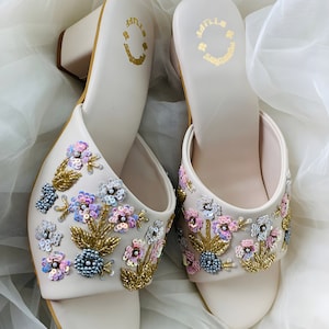Handmade Block Heels, Embroidered Heels, Wedding Heels, Wedding Heels For women, Bridal Heels, Bell Bottom heels for Stylish Girls,