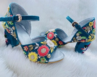 Blue Embroidered Bridal Heels: Handmade Indian Wedding Shoes