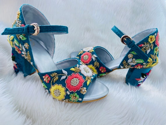 Buy Blue Embroidery Floral Mule Block Heels by Dhwni Singhvi Online at Aza  Fashions.