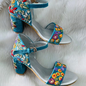 Blue Handmade Bridal heels, Embroidered heels for bride, Indian Ethnic bridal heel, Flower embroidered women heels, Handmade heels for women