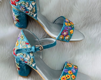 Blue Handmade Bridal heels, Embroidered heels for bride, Indian Ethnic bridal heel, Flower embroidered women heels, Handmade heels for women