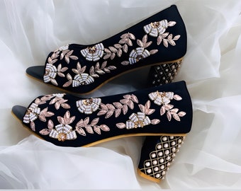 Black Bridal Heels, Heels for Bride / Embroidered Footwears / Wedding heels for Bride / Block heel / Wedding shoes / -Rajasthani Stuff