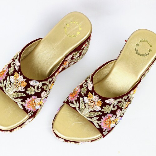 Handmade embroidered maroon Suede handmade shops bridal wedge for women, Handmade Bridal platform heels, Wedding wedges for women, Indian footwear