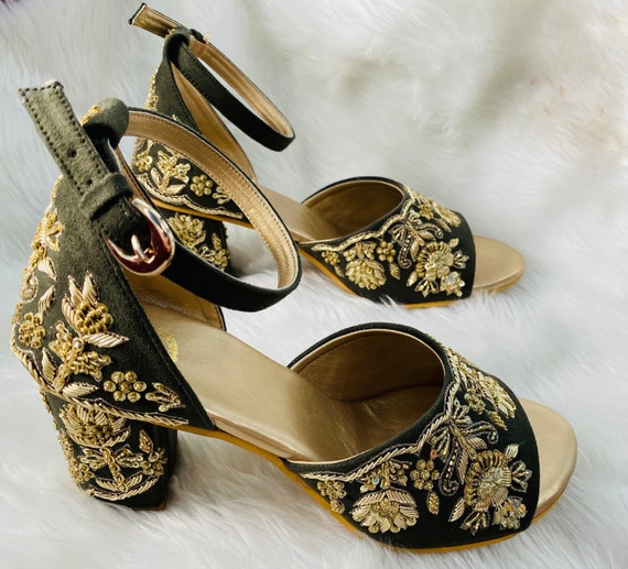 Desi Colour Gold Heels Womens Indian Ethnic Comfort Footwear/Punjabi Jutti  - DESI COLOUR - 4138556