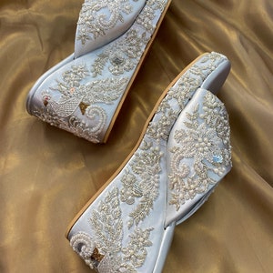 Silver embroidered handmade wedges for bride, Bridal Embroidered wedges, Wedges for women, Indian ethnic platform heels for bride, Silver