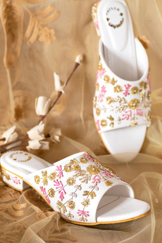 Women's White Mirror Mules Indian Ethnic Comfort Footwear - Desi Colour |  Heeled mules, Indian ethnic, Women