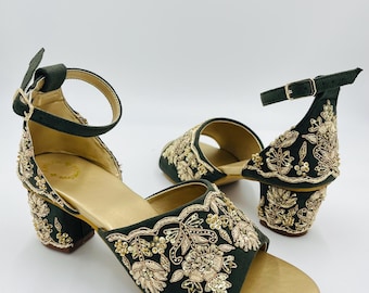 Green Handmade Bridal Heels, Zari work Heels for women, Weeding Heels For women, Indian Ethnic Footwear for women, Belt Pattern Heels