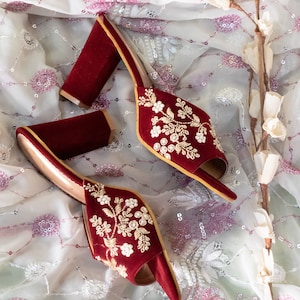Maroon Block Heel Sandal: Hand-Embroidered Bridal Wedding Shoes