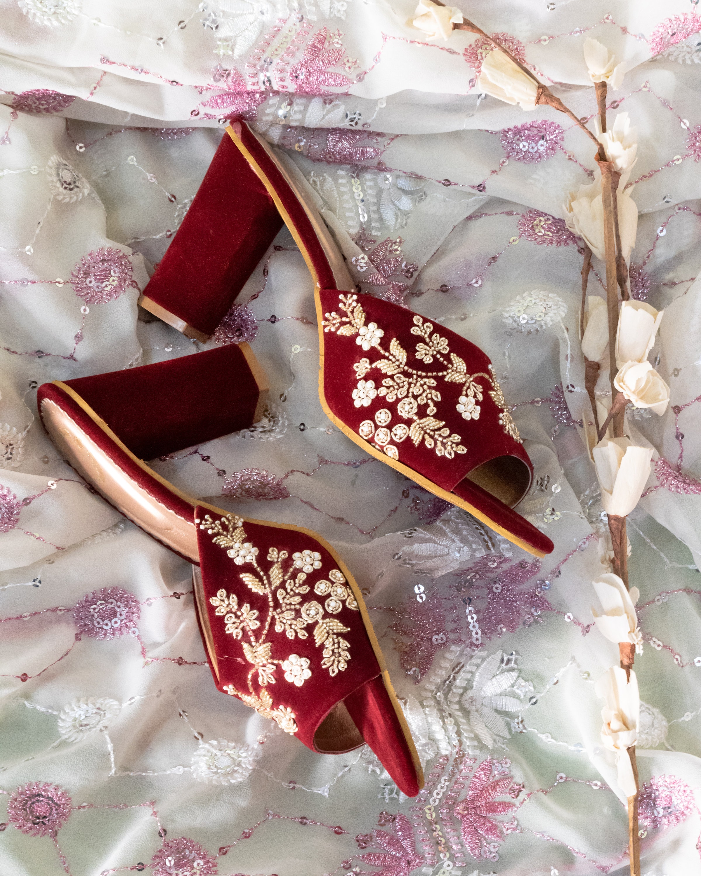 Burgundy floral heels 2025