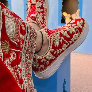 Handmade bridal sneakers, Red Zari work Sneakers, Unique Wedding Sneakers for women, Indian Ethnic Handmade bridal shoes, Wedding Shoes