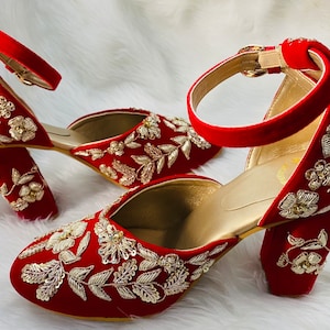 Red velvet handmade zari work bridal mule heels, Indian ethnic handmade footwears, Wedding mule for women, Customized shoes for women, Mule