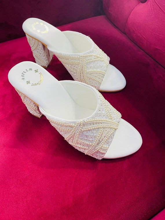 Buy White Handmade Embroidered Heels for Bridal Embellishments