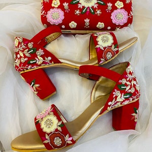 Combo de tacones rojos o clutch para novia, tacones rojos hechos a mano, tacones de boda para mujer, calzado bordado a mano para novia, tacones de novia