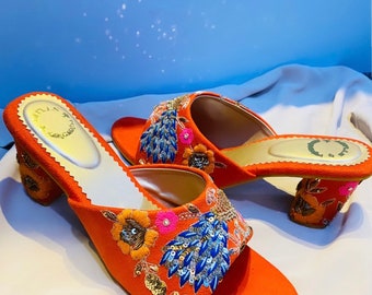 Orange Heels, Red Heels, Bridal Wear Heels, Weeding Heels, Red Bridal Heels, Embroidered Heels, Red Embroidered Heels Peacock Red Heels