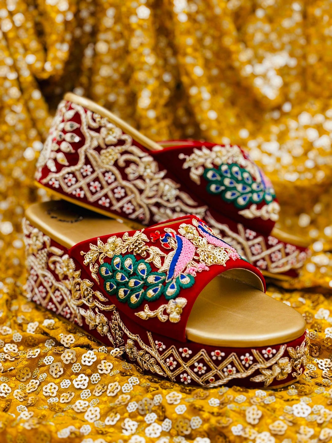 Red Embroidered Bridal Wedges: Handmade Indian Peacock Heels