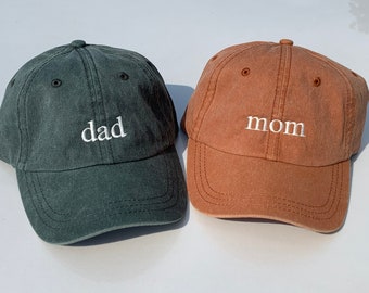 Mom and Dad Baseball Caps, Pregnancy Announcement Hats, Set of 2 Pigment dyed Vintage Style Caps, Classic Dad Cap