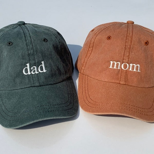 Mom and Dad Baseball Caps, Pregnancy Announcement Hats, Set of 2 Pigment dyed Vintage Style Caps, Classic Dad Cap