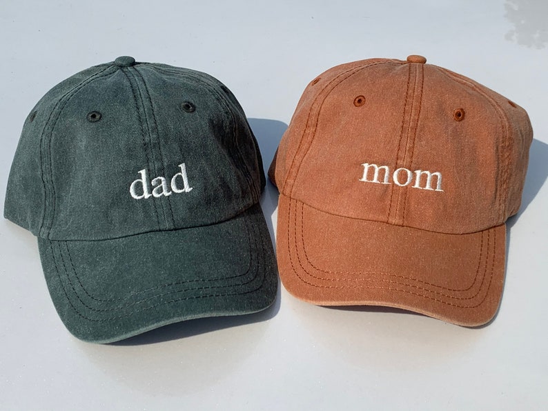 Mom and Dad Baseball Caps, Pregnancy Announcement Hats, Set of 2 Pigment dyed Vintage Style Caps, Classic Dad Cap image 1